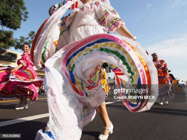 Members of the Cathedral City High School Ballet Folklorico dance in the 33rd annual Kingdom Day Parade honoring Dr. Martin Luther King Jr., January...