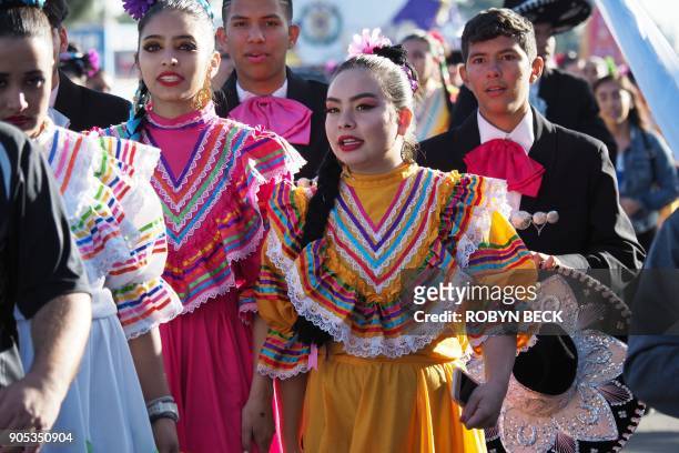 Members of the Cathedral City High School Ballet Folklorico participate in the 33rd annual Kingdom Day Parade honoring Dr. Martin Luther King Jr.,...
