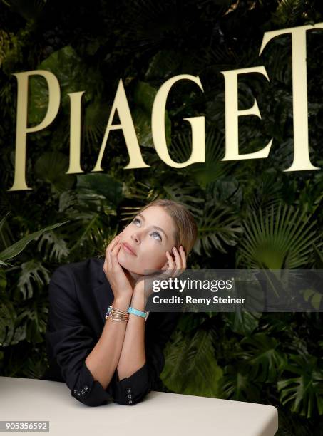 Doutzen Kroes visits the #Piaget booth during the #SIHH2018 on January 15, 2018 in Geneva, Switzerland.