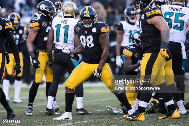 Pittsburgh Steelers inside linebacker Vince Williams is fired up after making a tackle during the AFC Divisional Playoff game between the...