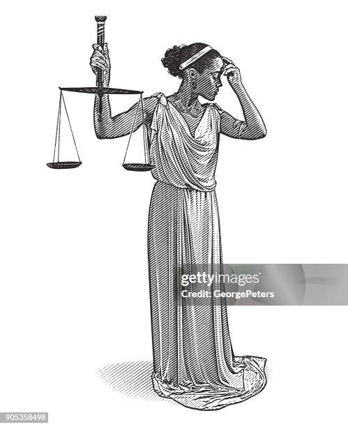african american justitia mit sorge ausdruck - justitia-waage stock-grafiken, -clipart, -cartoons und -symbole