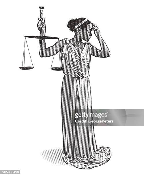 african american lady justice with worried expression - scales of justice concept stock illustrations