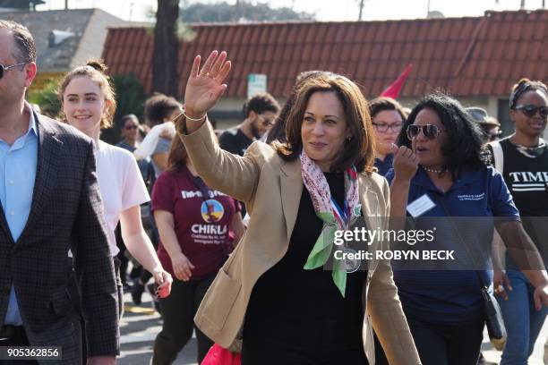 Senator from California Kamala Harris marches in the 33rd annual Kingdom Day Parade honoring Dr. Martin Luther King Jr., January 15, 2018 in Los...