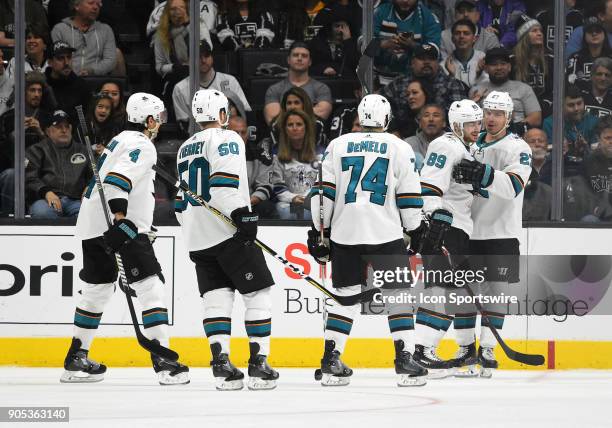 The Sharks celebrate scoring their third goal of the game in the third period during an NHL game between the San Jose Sharks and the Los Angeles...