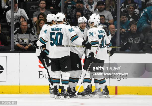 The Sharks celebrate scoring their third goal of the game in the third period during an NHL game between the San Jose Sharks and the Los Angeles...
