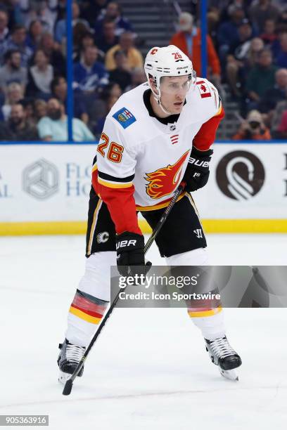 Calgary Flames defenseman Michael Stone in the second period of the NHL game between the Calgary Flames and Tampa Bay Lightning on January 11, 2018...