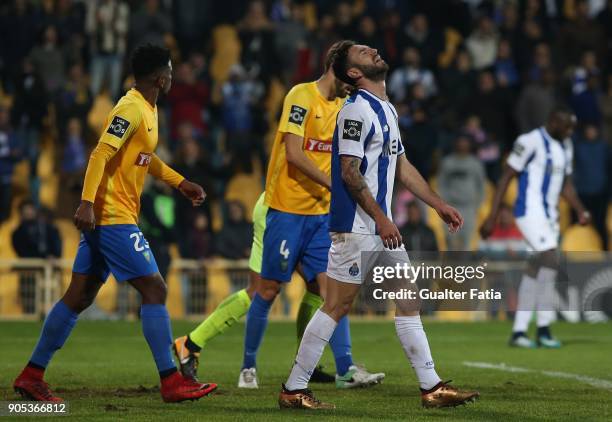 Porto defender Miguel Layun from Mexico reaction after missing a goal opportunity during the Primeira Liga match between GD Estoril Praia and FC...