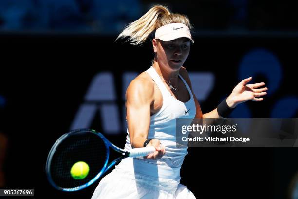 Carina Witthoeft of Germany plays a forehand in her first round match against Caroline Garcia of France on day two of the 2018 Australian Open at...