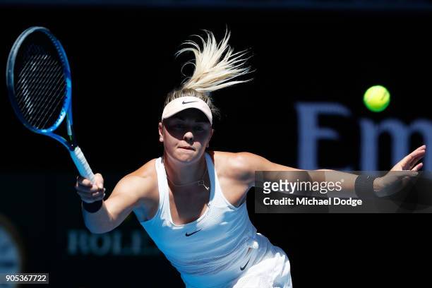 Carina Witthoeft of Germany plays a forehand in her first round match against Caroline Garcia of France on day two of the 2018 Australian Open at...