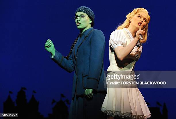 Glinda , played by Lucy Durack, and Elphaba , played by Amanda Harrison, perform in the highly acclaimed Broadway musical 'Wicked' during the preview...