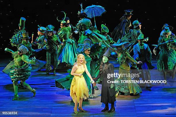 Glinda , played by Lucy Durack, and Elphaba , played by Amanda Harrison, perform in the highly acclaimed Broadway musical 'Wicked' during the preview...