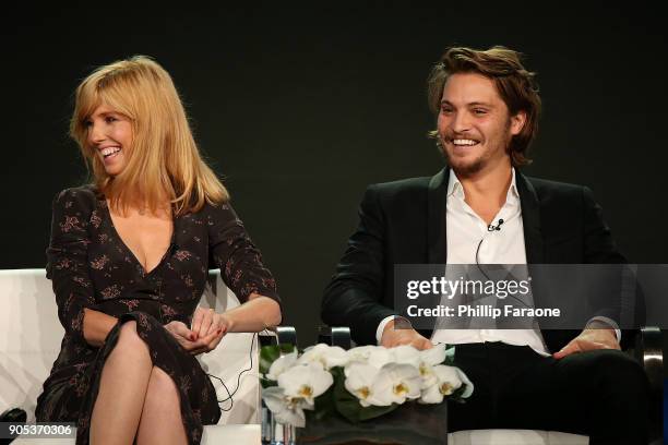Actors Kelly Reilly and Luke Grimes of 'Yellowstone' speak onstage during the Paramount Network portion of the 2018 Winter TCA on January 15, 2018 in...