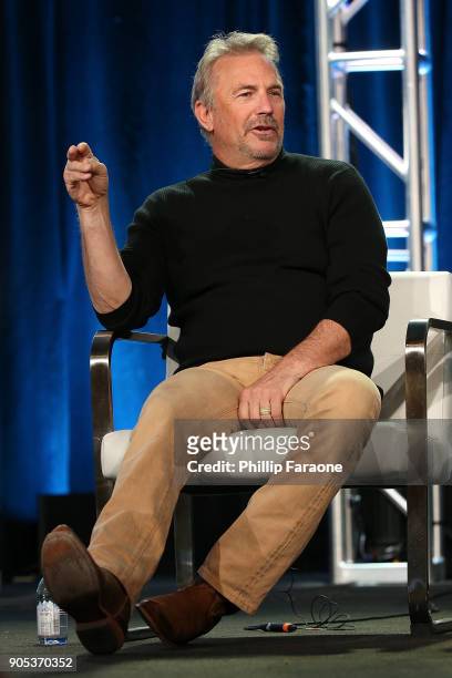 Actor Kevin Costner of 'Yellowstone' speaks onstage during the Paramount Network portion of the 2018 Winter TCA on January 15, 2018 in Pasadena,...