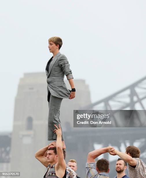 Acrobats as part of of circus, "Gravity and Other Myths" perform during a media call for their Sydney Festival show 'Backbone' on January 16, 2018 in...