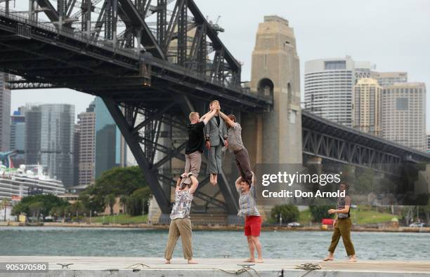 Acrobats as part of of circus, "Gravity and Other Myths" perform during a media call for their Sydney Festival show 'Backbone' on January 16, 2018 in...