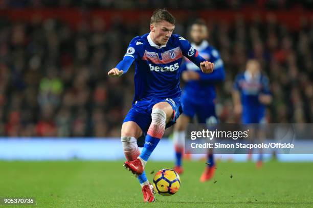Josh Tymon of Stoke in action during the Premier League match between Manchester United and Stoke City at Old Trafford on January 15, 2018 in...
