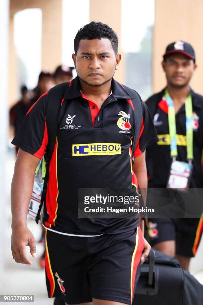 Captain Vagi Karaho of Papua New Guinea arrives during the ICC U19 Cricket World Cup match between India and Papua New Guinea at Bay Oval on January...