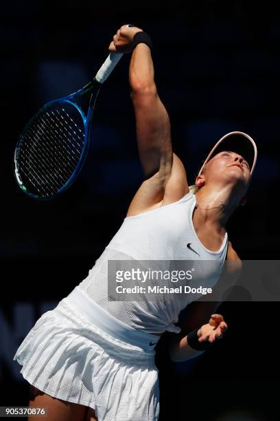 Carina Witthoeft of Germany serves in her first round match against Caroline Garcia of France on day two of the 2018 Australian Open at Melbourne...