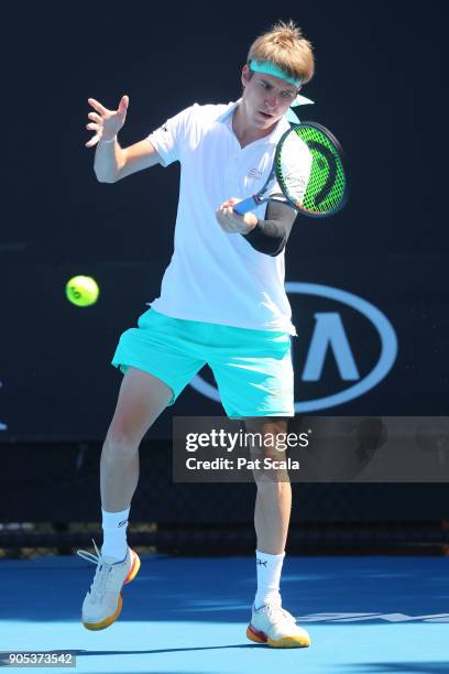 Cedrik-Marcel Stebe of Germany plays a forehand in his first round match against Maximilian Marterer of Germany on day two of the 2018 Australian...