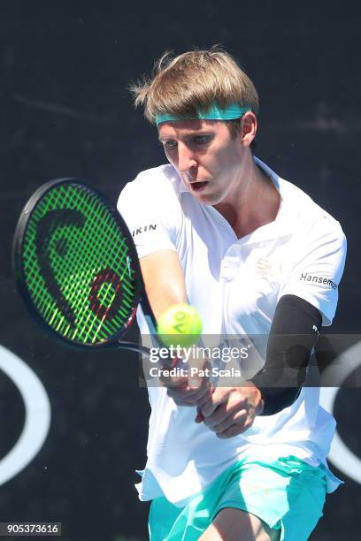 Cedrik-Marcel Stebe of Germany plays a backhand in his first round match against Maximilian Marterer of Germany on day two of the 2018 Australian...