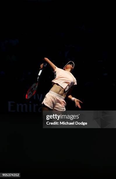 Caroline Garcia of France plays a forehand in her first round match against Carina Witthoeft of Germany on day two of the 2018 Australian Open at...