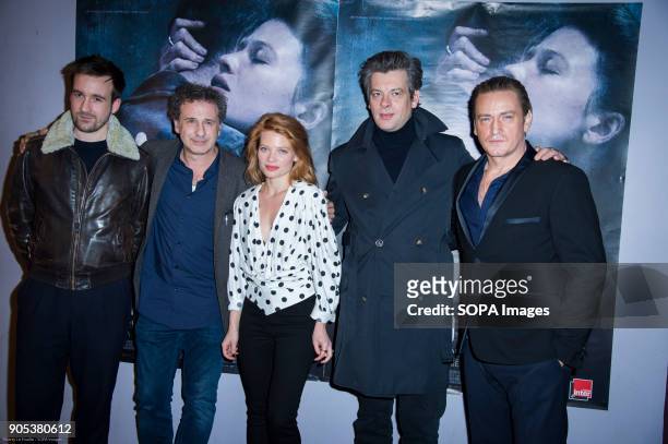 Gregoire Leprince - Ringuet, French director Emmanuel Finkiel, Melanie Thierry, Benjamin Biolay and Benoit Magimel at the premiere of "La Douleur" at...
