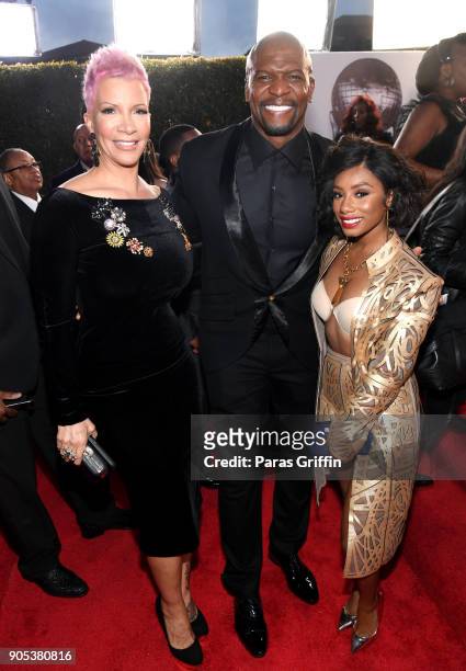 Rebecca King-Crews, Terry Crews and Imani Hakim attend the 49th NAACP Image Awards at Pasadena Civic Auditorium on January 15, 2018 in Pasadena,...