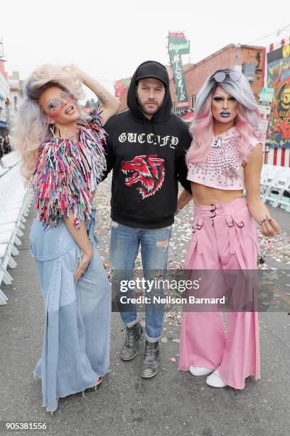 Willam, Johnny Wujek, and Rhea Litre attend the Ashton Michael "Mercy Collection" runway show on January 15, 2018 in Hollywood, California.