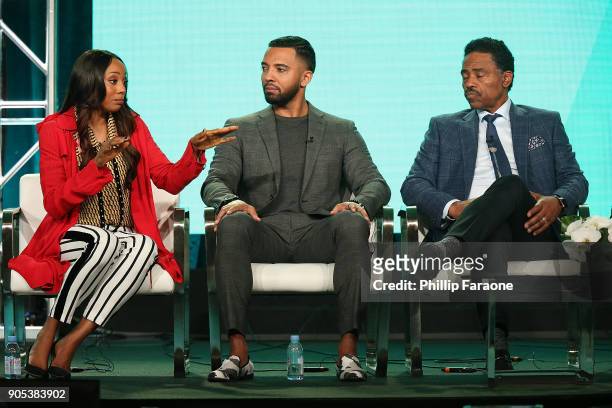 Actors Erica Ash, Christian Keyes, and Richard Lawson of 'In Contempt' speak onstage during the BET Network portion of the 2018 Winter TCA on January...