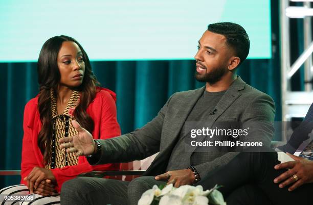 Actors Erica Ash and Christian Keyes of 'In Contempt' speak onstage during the BET Network portion of the 2018 Winter TCA on January 15, 2018 in...