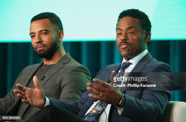 Actors Christian Keyes and Richard Lawson of 'In Contempt' speak onstage during the BET Network portion of the 2018 Winter TCA on January 15, 2018 in...