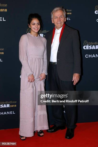 Revelation for "Ava", Noee Abita and her sponsor Constantin Costa-Gavras attend the 'Cesar - Revelations 2018' Party at Le Petit Palais on January...