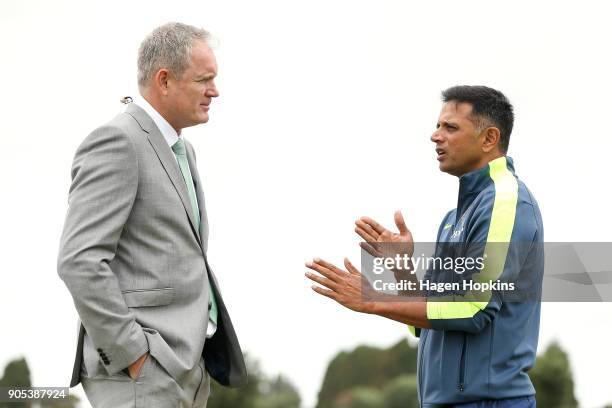 Commentator Tom Moody speaks to coach Rahul Dravid of India during the ICC U19 Cricket World Cup match between India and Papua New Guinea at Bay Oval...