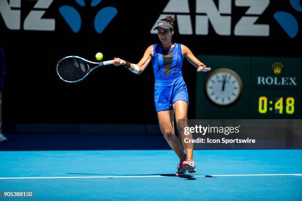 Veronica Cepede Royg of Paraguay plays a shot in her first round match during the 2018 Australian Open on January 16 at Melbourne Park Tennis Centre...