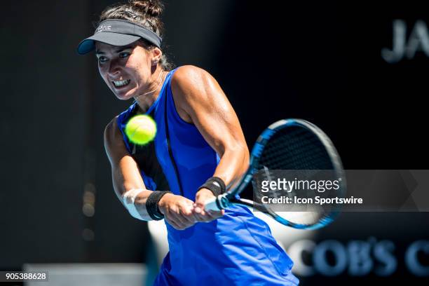Veronica Cepede Royg of Paraguay plays a shot in her first round match during the 2018 Australian Open on January 16 at Melbourne Park Tennis Centre...