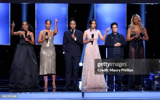 Kerry Washington, Tracee Ellis Ross, Lena Waithe, Jurnee Smollett-Bell, Angela Robinson, and Laverne Cox speak onstage during the 49th NAACP Image...