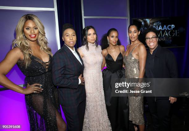 Laverne Cox, Lena Waithe, Jurnee Smollett-Bell, Kerry Washington, Tracee Ellis Ross and Angela Robinson attend the 49th NAACP Image Awards at...