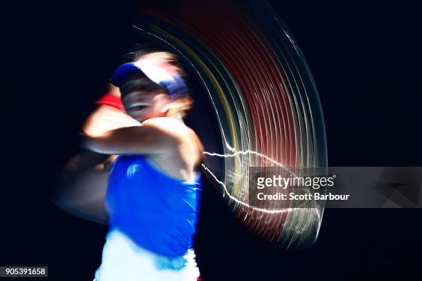 Barbora Strycova of the Czech Republic plays a backhand in her first round match against Kristie Ahn of the United States on day two of the 2018...