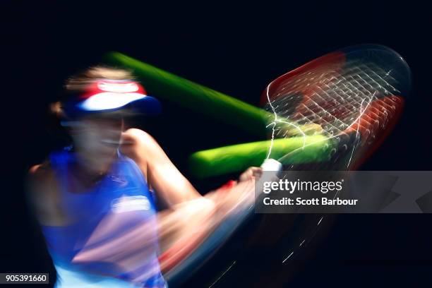 Barbora Strycova of the Czech Republic plays a backhand in her first round match against Kristie Ahn of the United States on day two of the 2018...