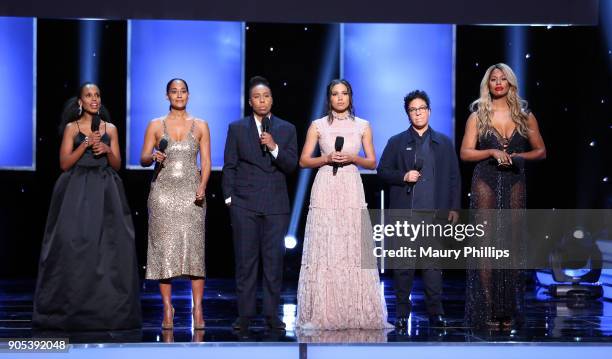 Kerry Washington, Tracee Ellis Ross, Lena Waithe, Jurnee Smollett-Bell, Angela Robinson, and Laverne Cox speak onstage during the 49th NAACP Image...