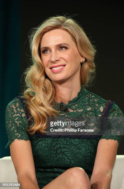 Actor Anne Dudek of 'Corporate' speaks onstage during the Comedy Central portion of the 2018 Winter TCA on January 15, 2018 in Pasadena, California.