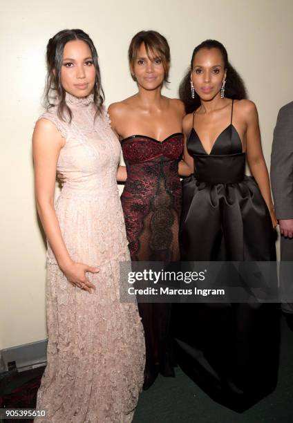 Jurnee Smollett-Bell, Halle Berry and Kerry Washington attend the 49th NAACP Image Awards at Pasadena Civic Auditorium on January 15, 2018 in...