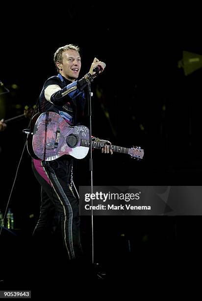 Chris Martin of Coldplay performs at the Goffertpark on September 9, 2009 in Nijmegen, Netherlands.