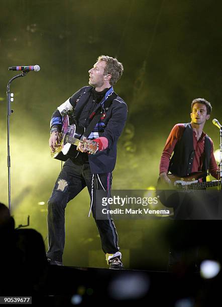 Chris Martin and Guy Berryman of Coldplay perform at the Goffertpark on September 9, 2009 in Nijmegen, Netherlands.