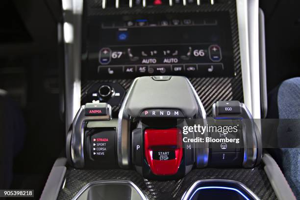 The drive mode controls of an Automobili Lamborghini SpA Urus sport utility vehicle is seen during the 2018 North American International Auto Show in...