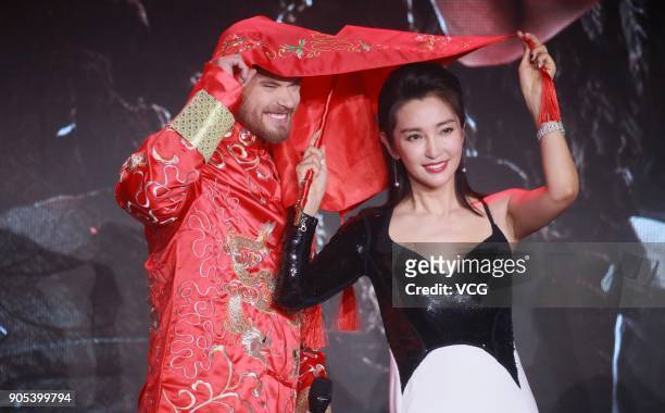 Actress Li Bingbing and actor Kellan Lutz attend 'Guardians of the Tomb' premiere on January 15, 2018 in Beijing, China.