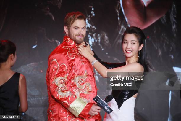 Actress Li Bingbing and actor Kellan Lutz attend 'Guardians of the Tomb' premiere on January 15, 2018 in Beijing, China.