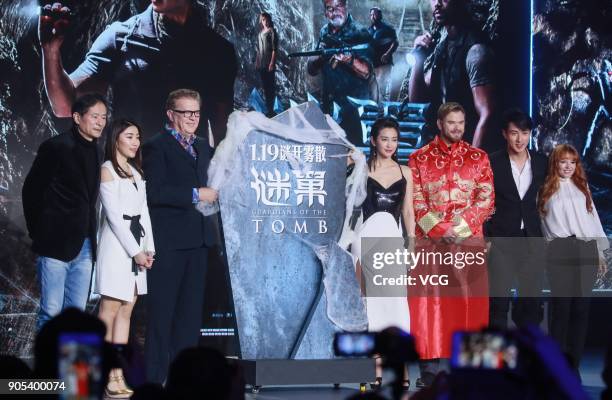 Director Kimble Rendall, actress Li Bingbing, actor Kellan Lutz, actor Wu Chun and actress Stef Dawson attend 'Guardians of the Tomb' premiere on...