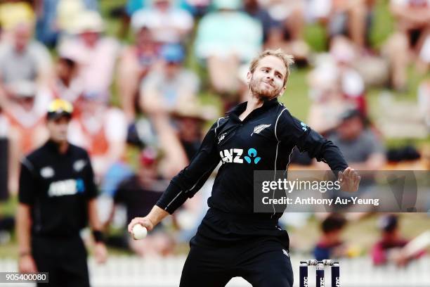 Kane Williamson of New Zealand bowls during game four of the One Day International Series between New Zealand and Pakistan at Seddon Park on January...