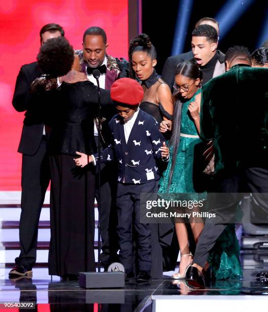 Jenifer Lewis, Kenya Barris, Miles Brown, Yara Shahidi, Marsai Martin, Marcus Scribner, and Anthony Anderson react after their trophy for the...